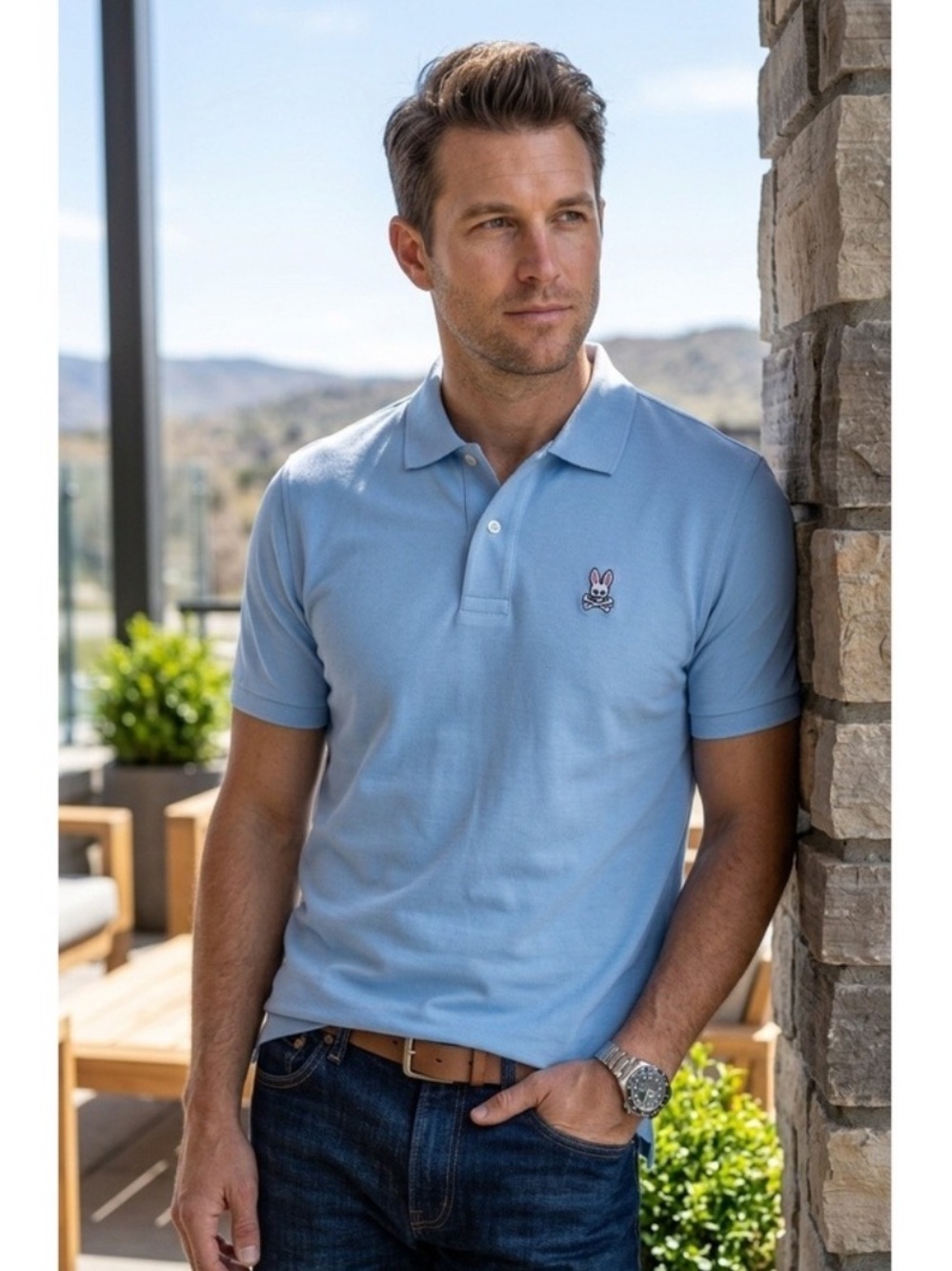 Psycho Bunny Light Blue Men's Polo with Signature Bunny Logo Size L